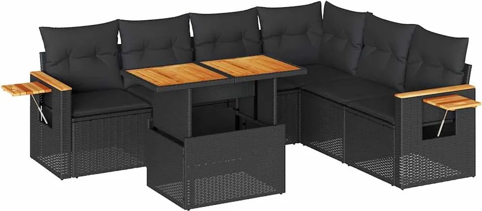 vidaXL 7 részes fekete polyrattan akácfa kerti ülőgarnitúra párnával
