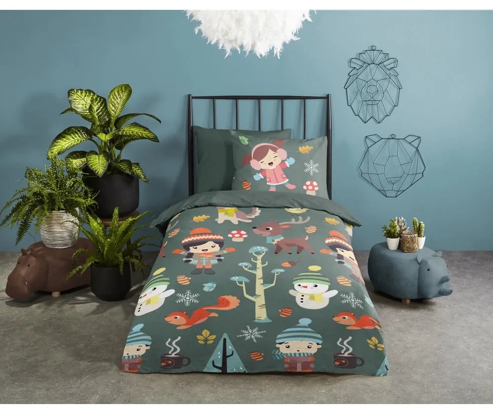 Sötétzöld egyszemélyes-hosszabbított pamut gyerek ágyneműhuzat 140x220 cm Fun – Good Morning