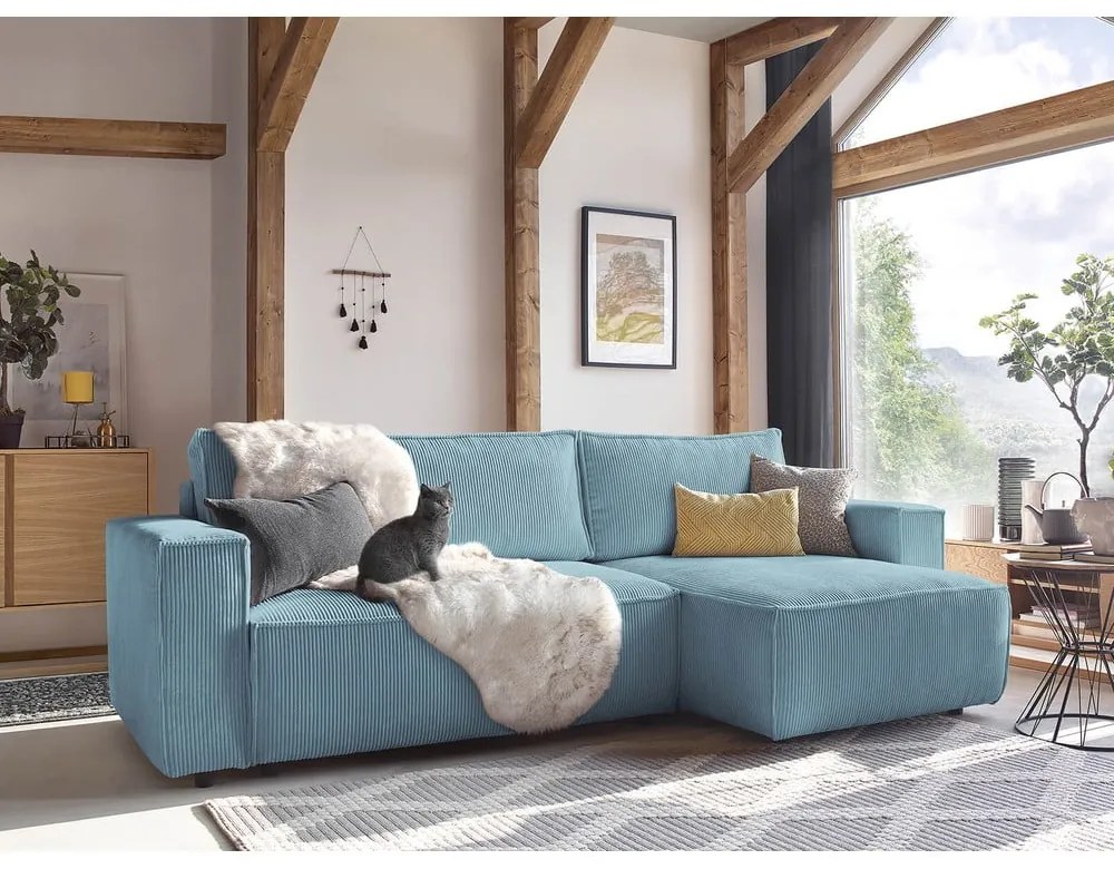 Mentazöld kordbársony kinyitható-tárolóhelyes sarokkanapé Nihad – Bobochic Paris