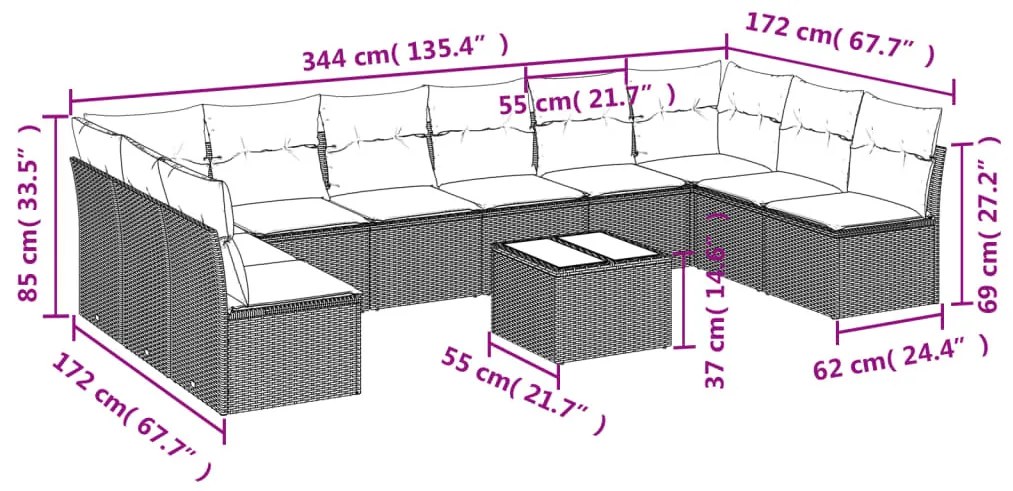 11 részes világosszürke polyrattan kerti ülőgarnitúra párnákkal