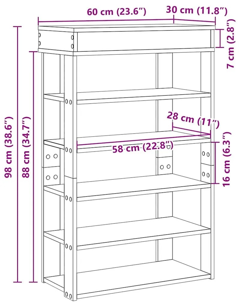betonszürke szerelt fa cipőtartó 60x30x98 cm