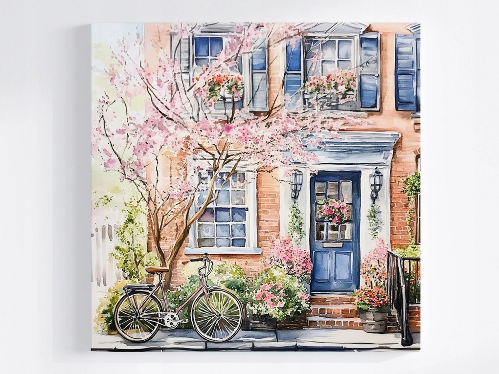 Vászonkép Canvas Város Utca Bérház Ajtó Virágok Kerékpár 80x80