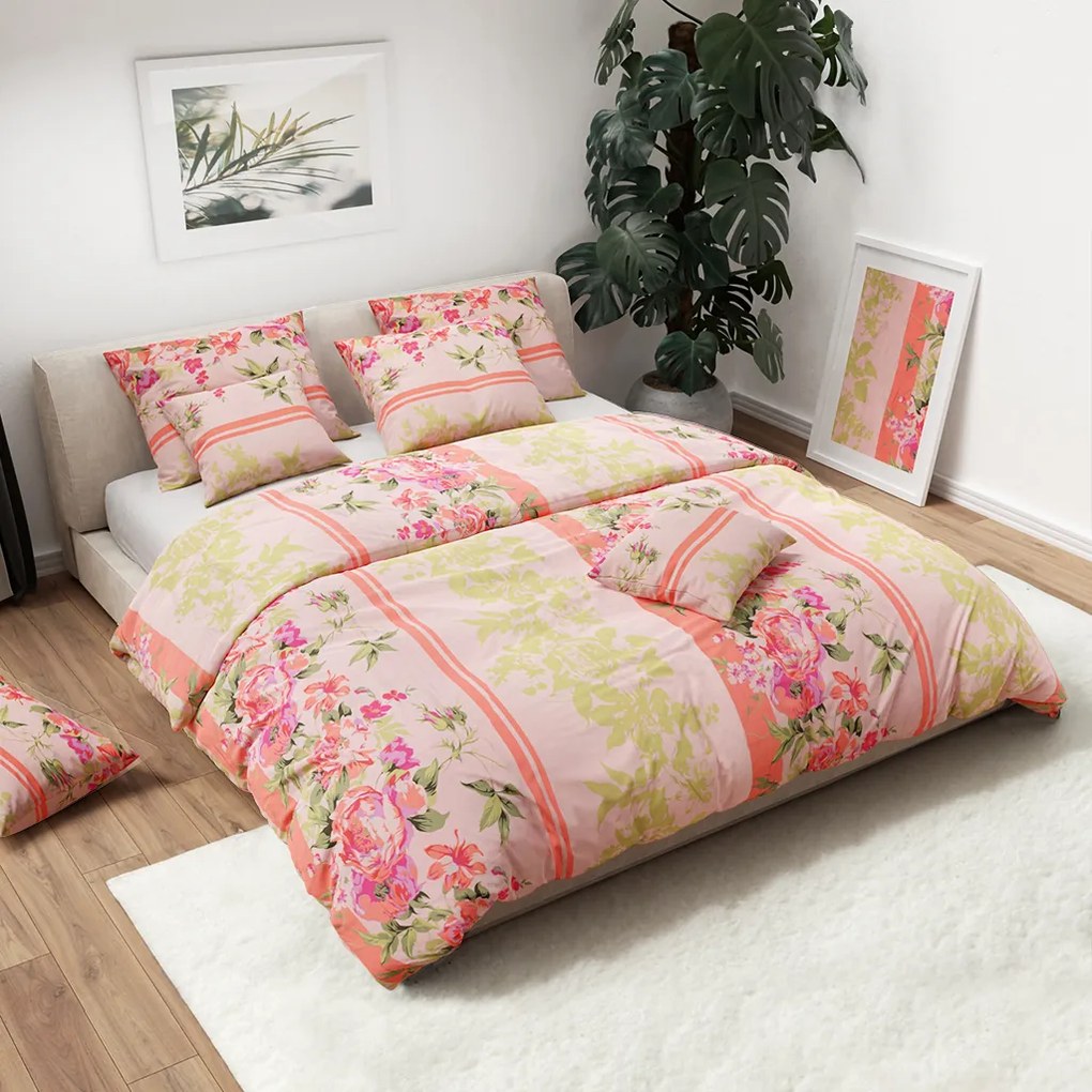 Pamut ágynemű VIRÁGOK LEVELEKKEL rózsaszín Ágyneműhuzat mérete: 80 x 80 cm | 135 x 200 cm