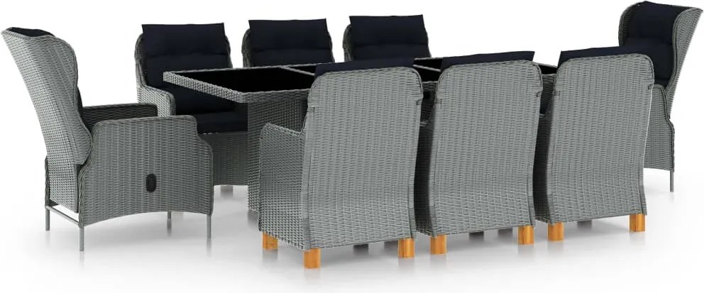 vidaXL 9 részes világosszürke polyrattan kültéri étkezőszett párnákkal