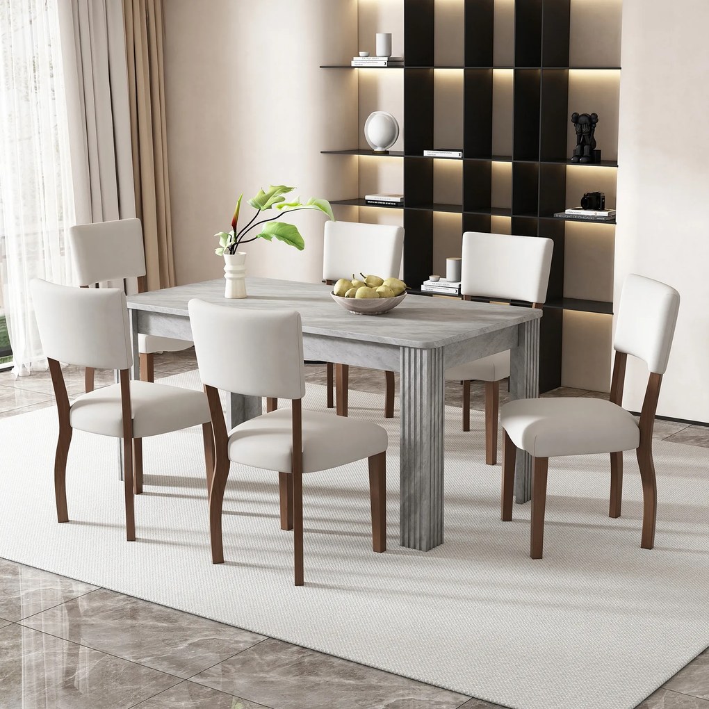 Szürke étkezőasztal és 6 db fehér szék étkező szett