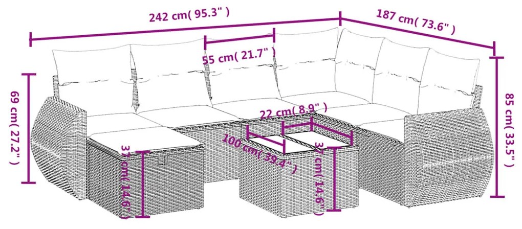 8 részes szürke polyrattan kerti ülőgarnitúra párnákkal