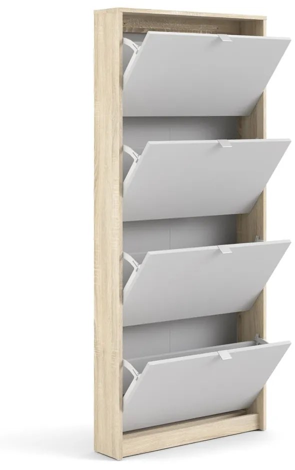 Shoes fehér cipőtartó 4 billenő fiókkal és tölgyfa dekoros kerettel, mélység 17 cm - Tvilum