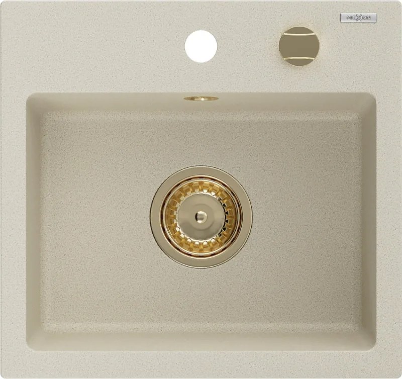 Mexen Milo gránit mosogató, 1 rekeszes, 435 x 410 mm, bézs, arany szifon - 6505441000-69-G