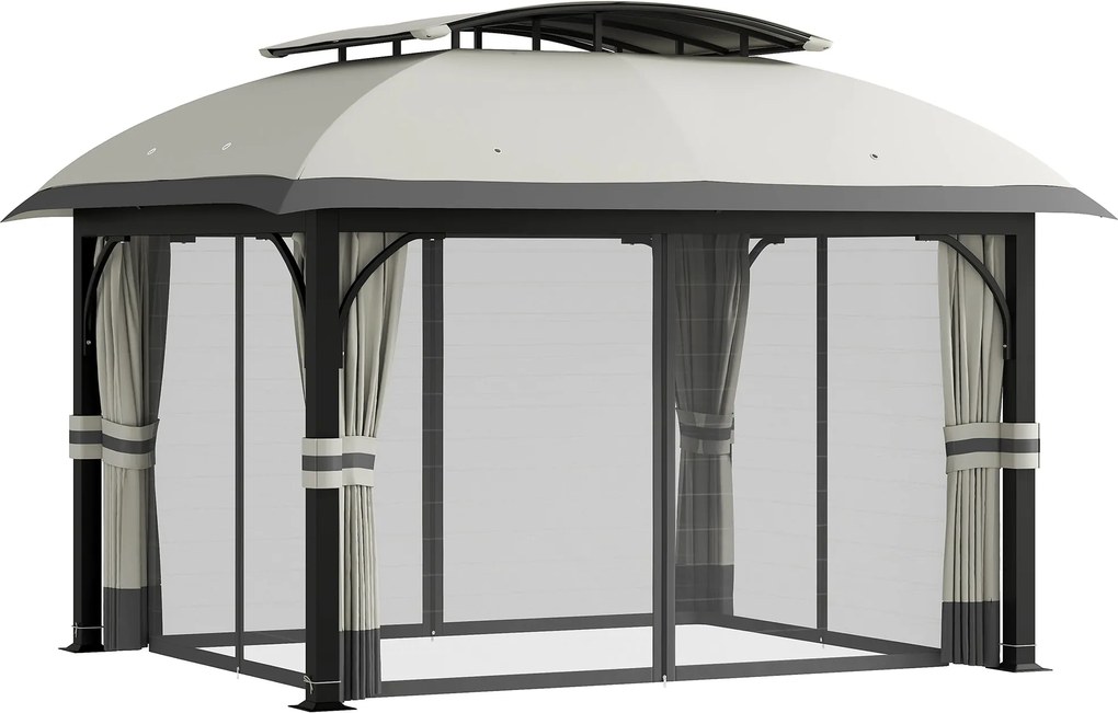 Outsunny Kerti Pavilon Két Rétegű Tetővel, 4x3.3m Vízálló, Strapabíró, Télálló Pavilon Szúnyoghálóval és Oldalfalakkal, Horganyzott Fém Kivitelben, Ke