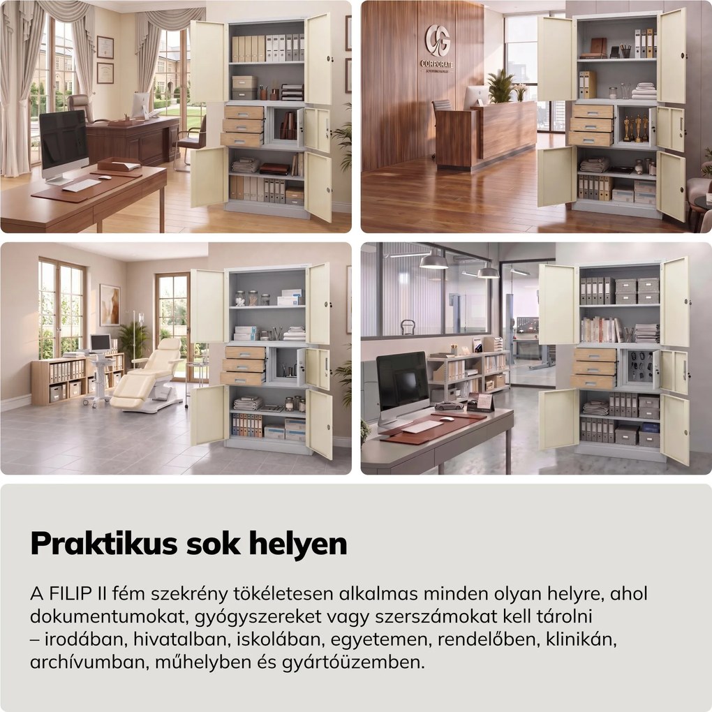Fém irodai szekrény széffel, fehér, sonoma tölgy, 900x1850x400 mm: FILIP II Eco Design