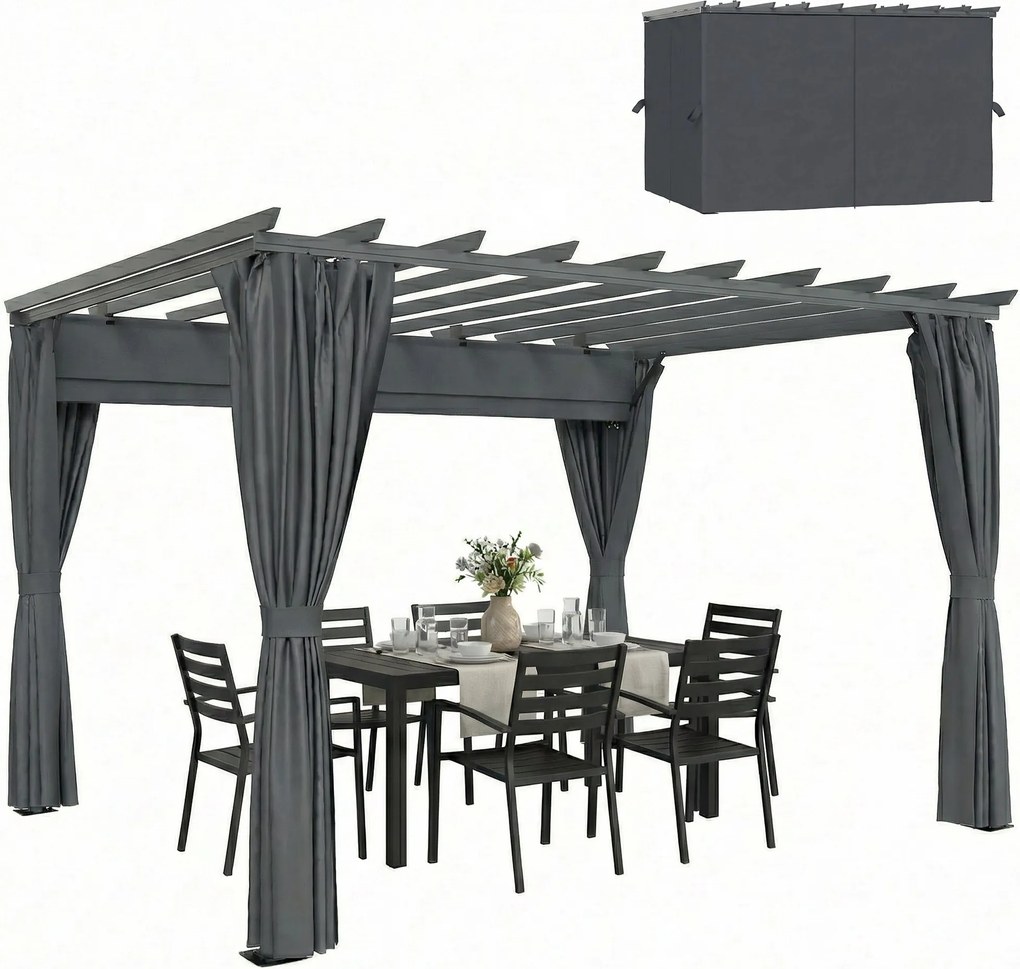 Outsunny pergola kb. 3,6 x 3,0 m kerti pavilon — alumínium teraszárnyékoló állítható, kihúzható tetővel, önálló, sötétszürke | Aosom