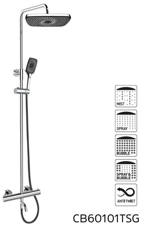 Mereo Mereo, termosztatikus fali kádcsaptelep tömlővel, kézi és tányéros négyzetzuhany vékony 200x200mm, MER-CB60101TSD