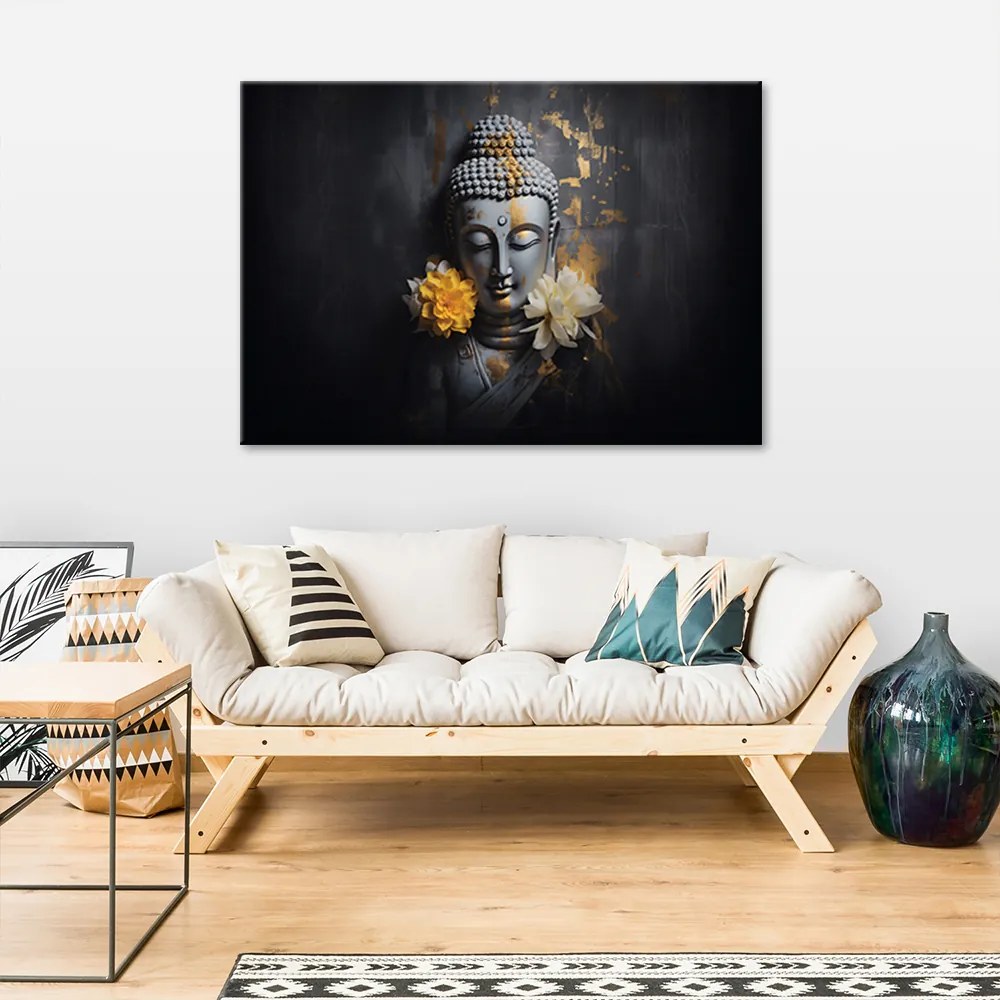 Gario Obraz na plátně Šedý Budha a květiny Méret: 120 x 80 cm