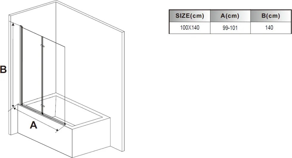 Stuxi Ravenna Black 100x140 összecsukható 2 szárnyú kádparaván 6 mm vastag vízlepergető biztonsági üveggel, fekete elemekkel