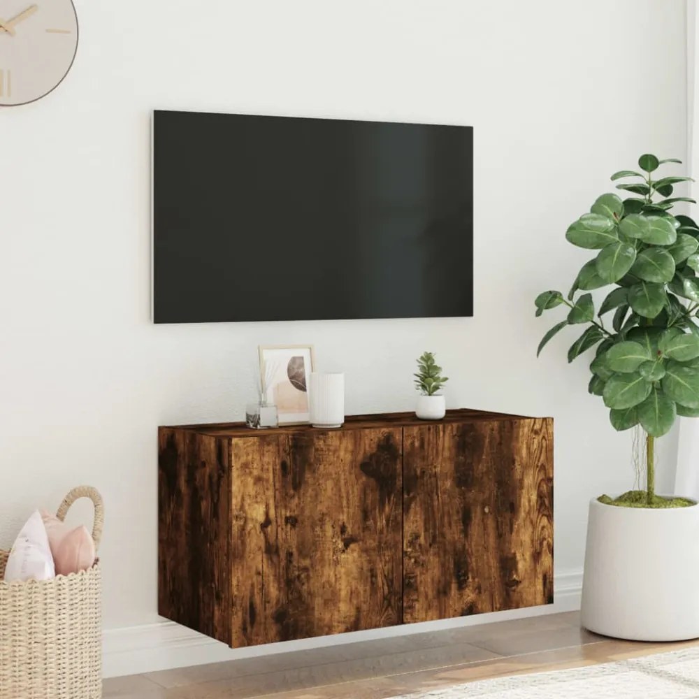 füstös tölgy színű fali TV-szekrény LED-ekkel 80x35x41 cm