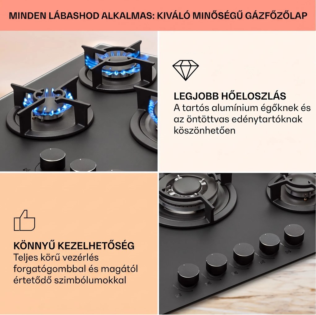 Klarstein Firetale, gázfőzőlap, 5 égő, 70 cm, alumínium égők, tömlővel és redukáló szeleppel