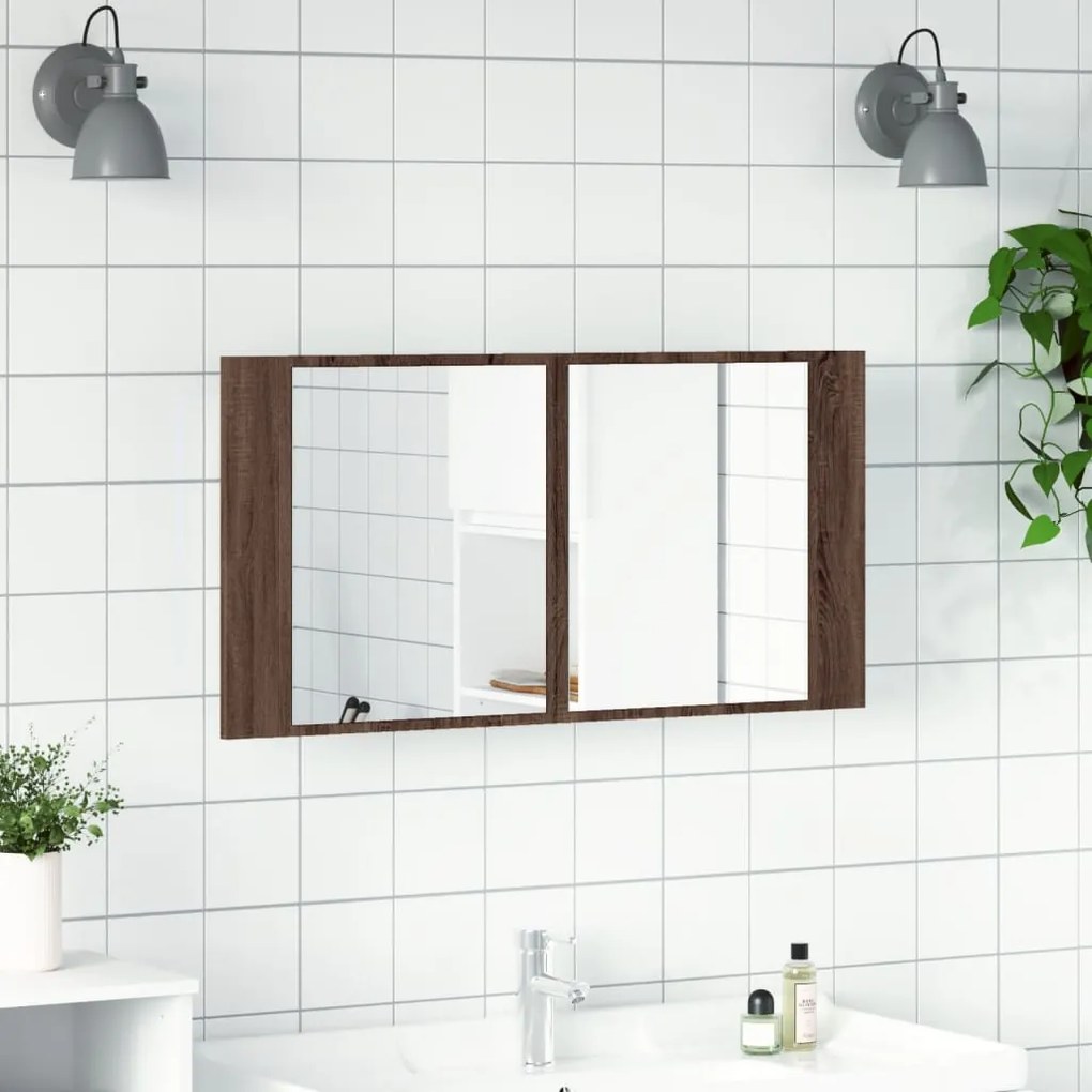 barna tölgy akril LED-es tükrös fürdőszobaszekrény 90x12x45 cm