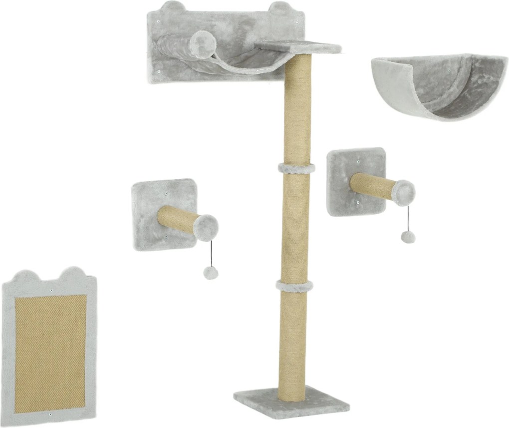 PawHut Macska Mászófal 5 darabos Szett Kaparóoszlopokkal, Hintaágytálcával, Ugráló Fennsíkon, Fali Kaparóoszloppal, Mászó Macskabútor 5 kg-ig, Világos
