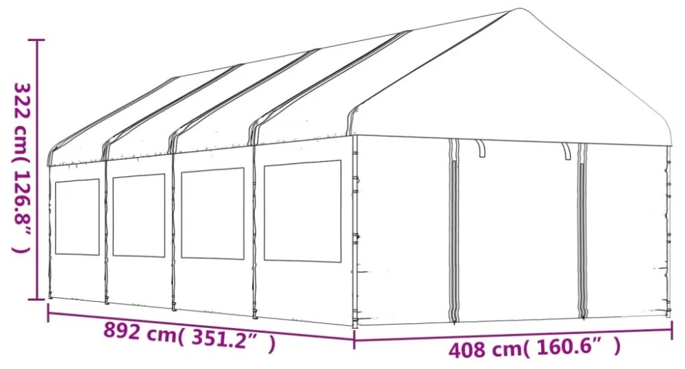 fehér polietilén pavilon tetővel 8,92 x 4,08 x 3,22 m