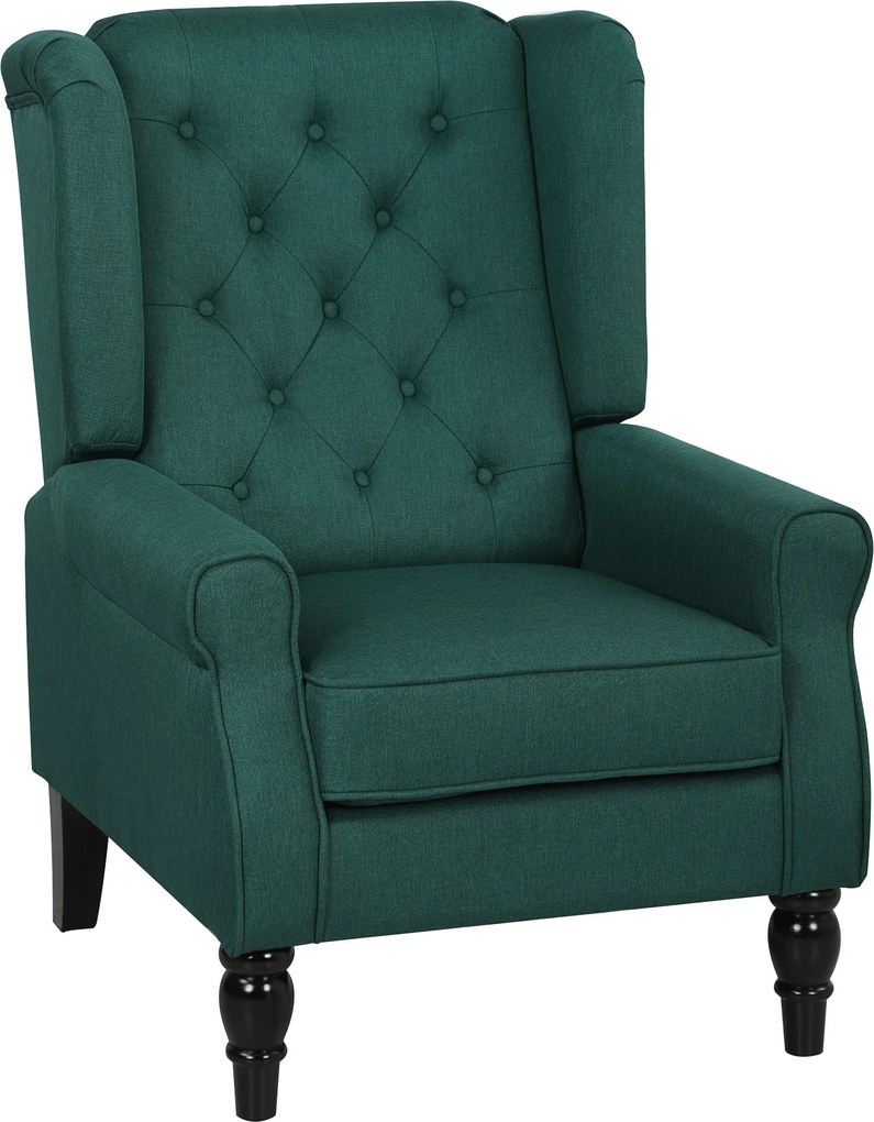 HOMCOM szárnyas karfás fotel, gombvarrott magas háttámlával és párnával, eukaliptuszfa lábak, sötétzöld | Aosom