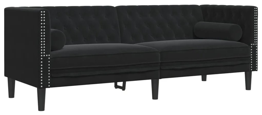 3 személyes fekete bársony Chesterfield kanapé hengerpárnákkal
