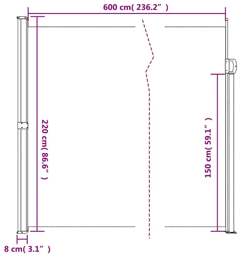 krémszínű behúzható oldalsó napellenző 220 x 600 cm
