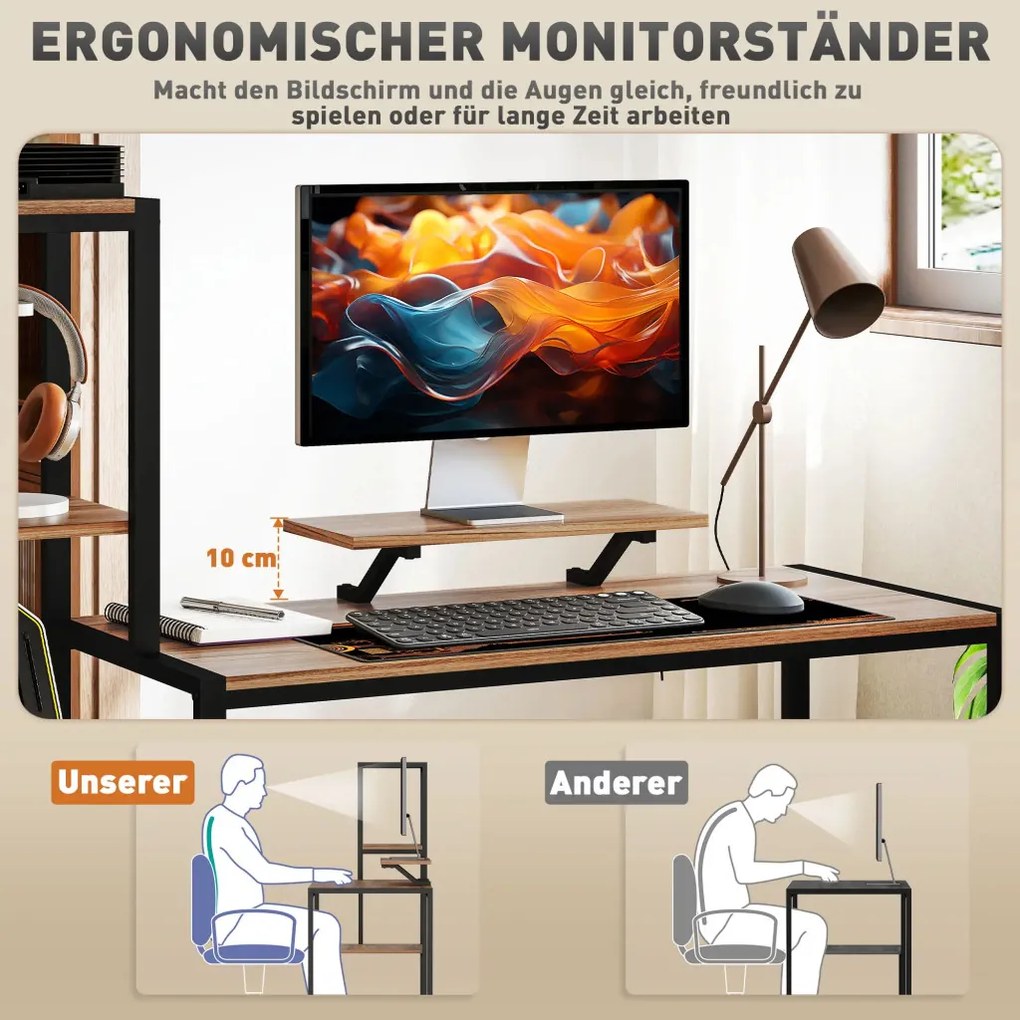 HOMCOM Íróasztal monitorállvánnyal, szintes polccal, Ipari Design, barna