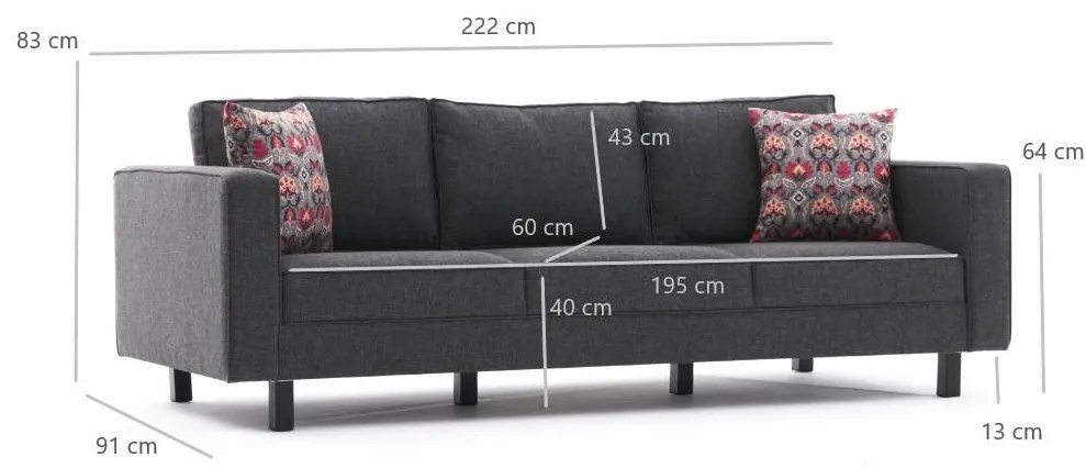 3 személyes kanapé Kale Linen - Antracit