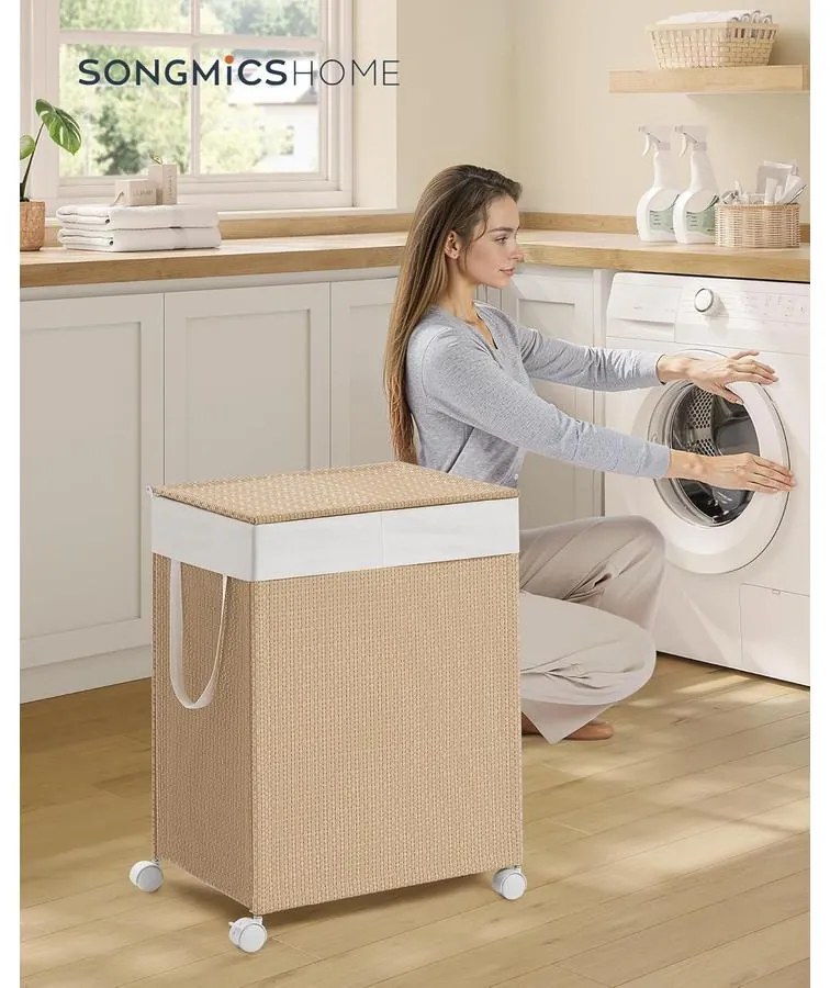 Szennyeskosár 2 rekesszel, 100 literes fedeles ruháskosár natúr bézs és matt fehér színben