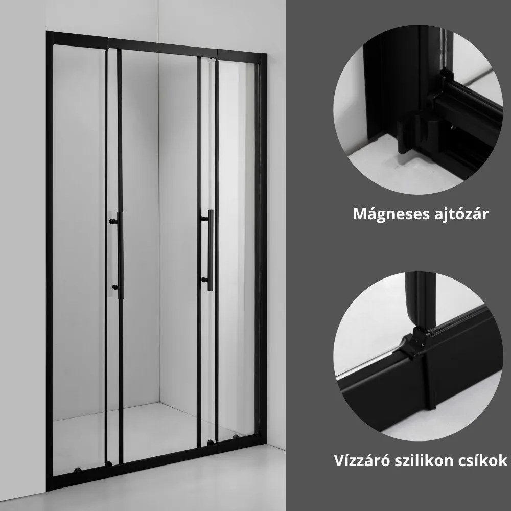 Stuxi Sydney Black 140 cm széles két tolóajtós zuhanyajtó 6 mm vastag vízlepergető biztonsági üveggel, fekete elemekkel, 200 cm magas
