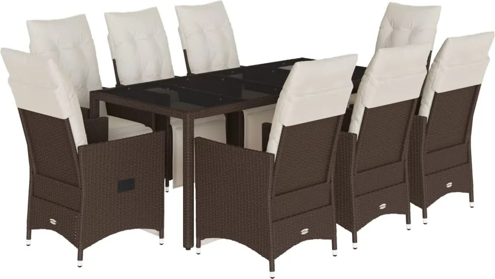 vidaXL 9 részes barna polyrattan kerti bisztrógarnitúra párnákkal