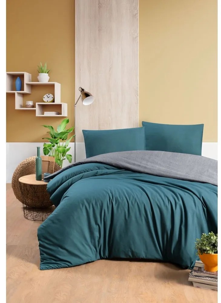Petróleumkék-szürke kétszemélyes-hosszabbított pamut ágyneműhuzat lepedővel 200x220 cm – Mila Home