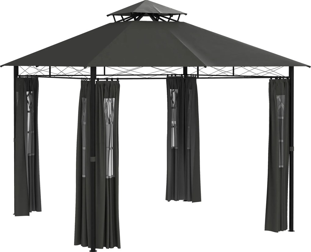 Outsunny Pavilon kb. 3 x 3 m, Kerti Sátor Oldalfallal, Partisátor Dupla Tetővel, Időjárásálló Rendezvénysátor, Kerti Pavilon, Erkélyre, Teraszra, Fém,