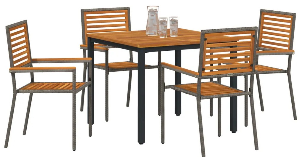 5 darabos kerti étkező szett szürke poli rattan akáccal, összecsukható kerti székek párnákkal 2 db szürke poli rattan, kerti asztal 90x90x75 cm szilárd akácfából és fémből