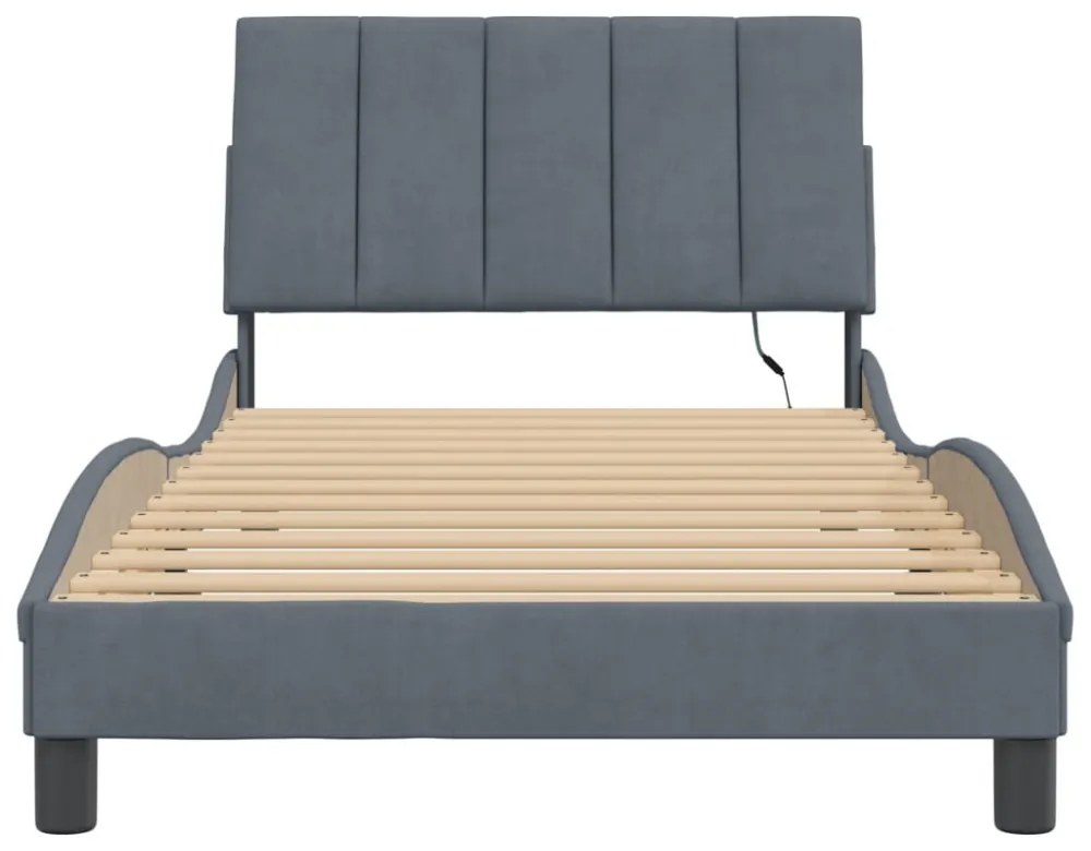 sötétszürke bársony ágykeret LED-ekkel matrac nélkül Hanko 100 x 200 cm