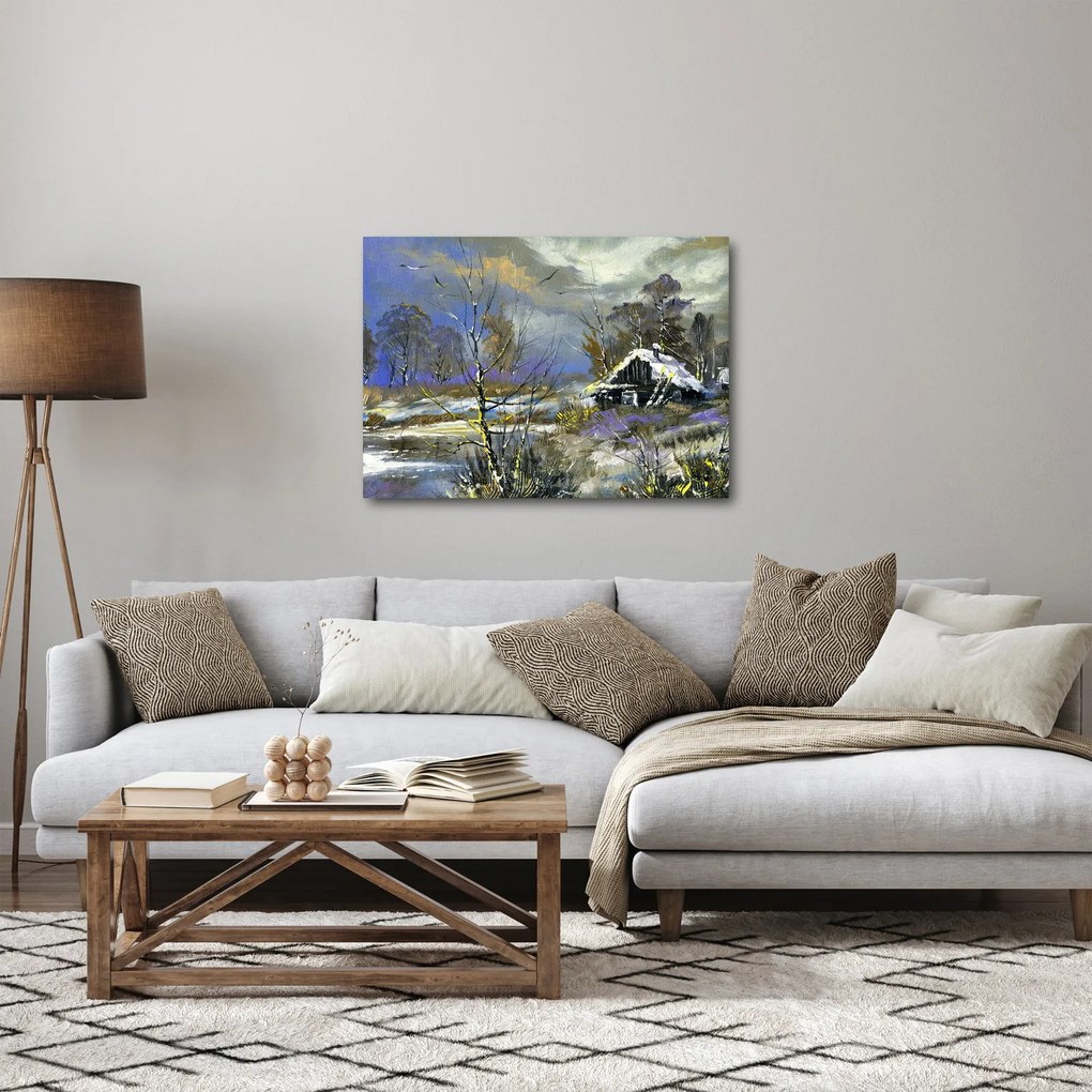 Téli tájon lévő házikó képe, olajfestmény (70x50 cm)