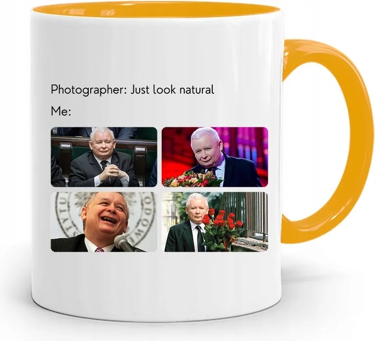 Sárga Vicces Bögre Jaroslaw Kaczynski felirattal, fényképpel