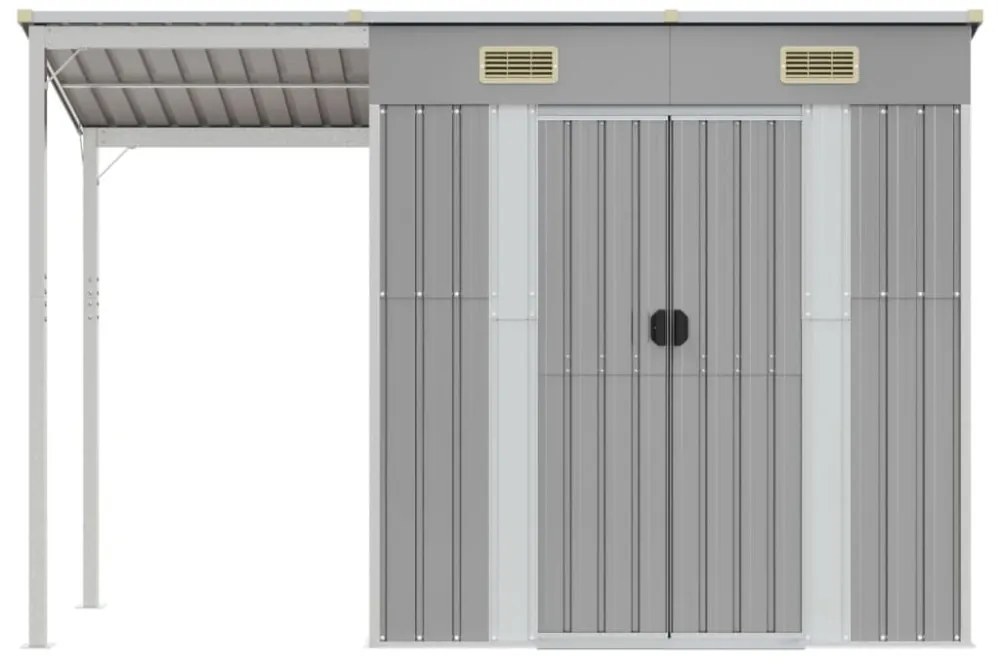 világosszürke acél kerti fészer meghosszabbított tetővel 277 x 107 x 181 cm