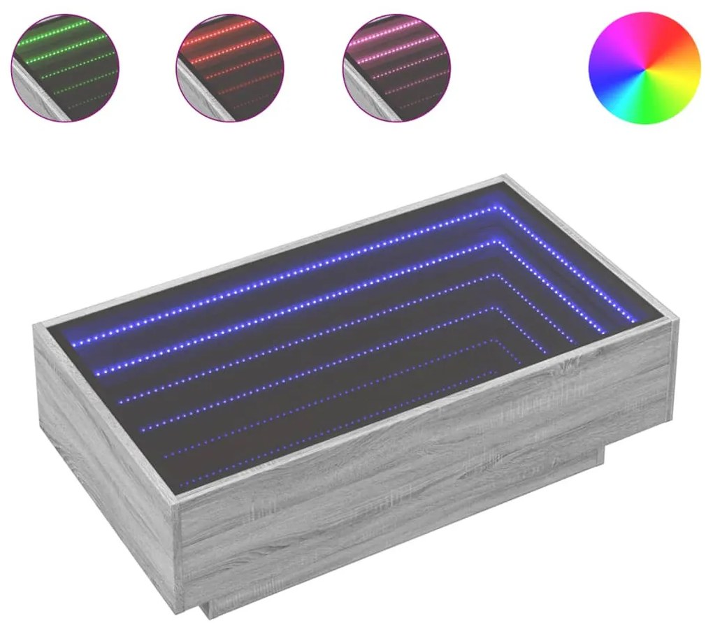 Szürke sonoma szerelt fa dohányzóasztal LED-del 90 x 50 x 30 cm