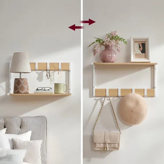 2 db fali polc szett, MDF + fém, tölgy/fehér színben, 50×24×27 cm – ABP-E1083 WT