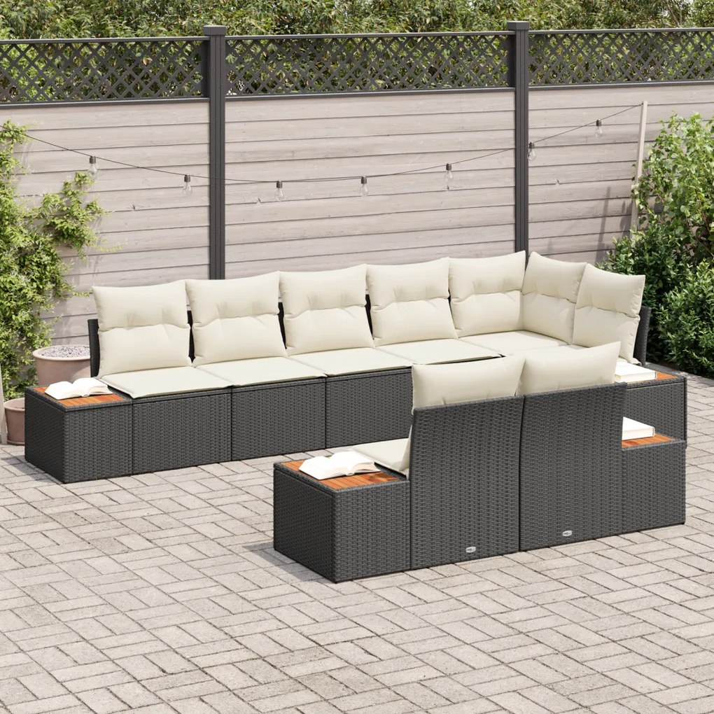 8 darabos Kerti Kanapé Szett Párnákkal Fekete Poly Rattan Akác