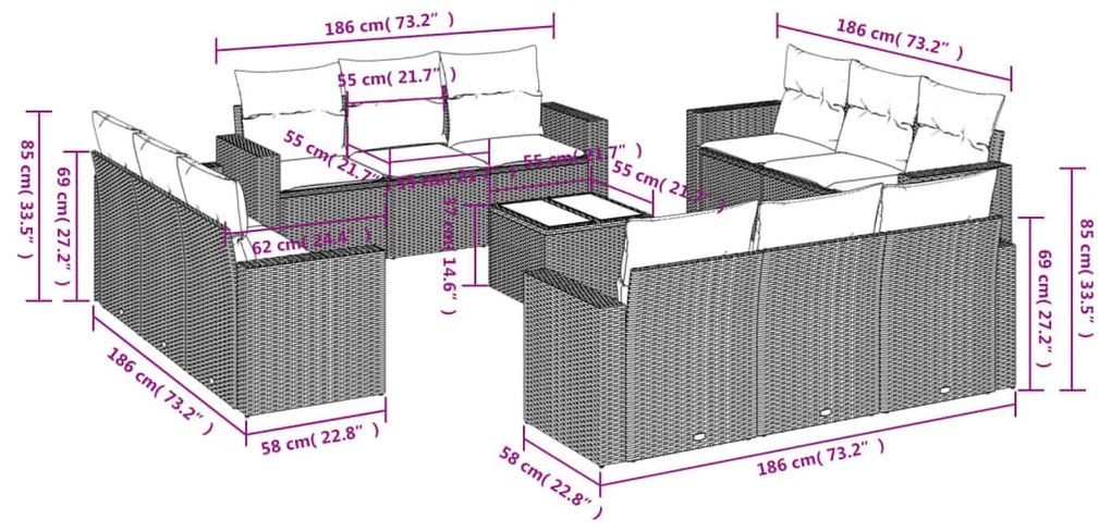 13 részes bézs polyrattan kerti ülőgarnitúra párnákkal