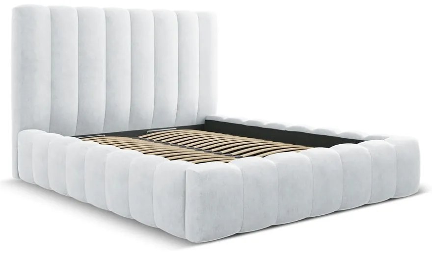 Világosszürke kárpitozott ágyneműtartós franciaágy ágyráccsal 200x200 cm Kelp – Micadoni Home