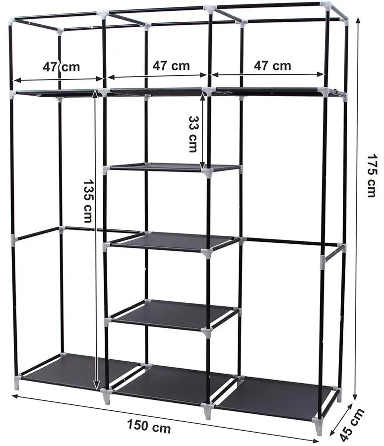 Mobil gardrób,szövetszekrény, összecsukható gardrób függesztő sínnel, fekete