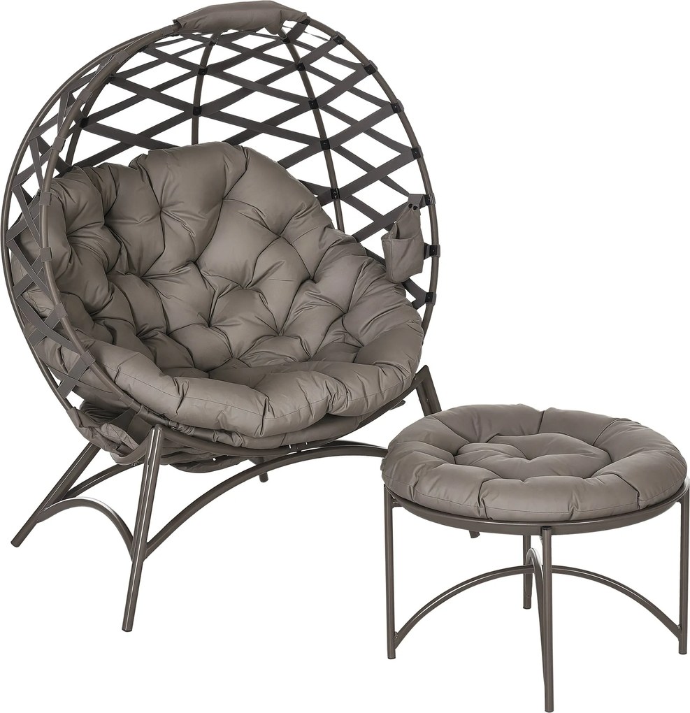 Outsunny 2 darabos Kerti Szék Készlet, Rattan Szék Hajtogatható Ülőkosárral, 2-in-1 Puff, Párna, Dívány Szék Erkélyre, Teraszra, Acél, Homok, 118 x 75