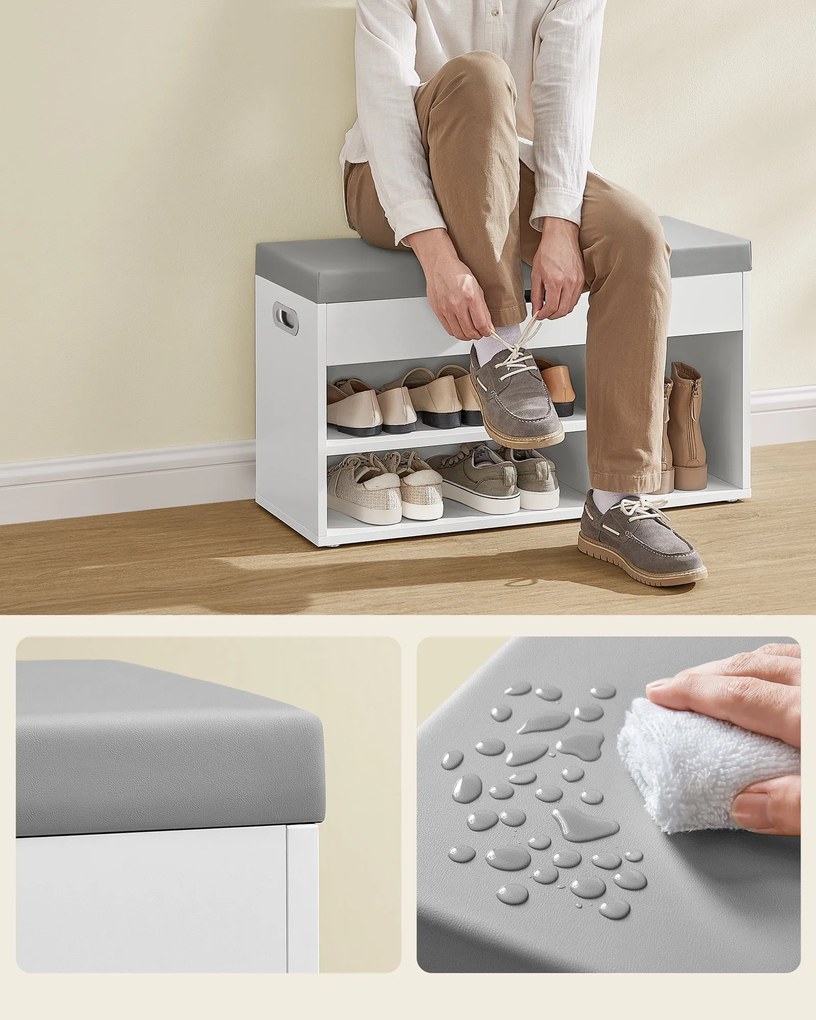 Párnázott ülőke cipőtartóval és rejtett tárolással, fehér színben