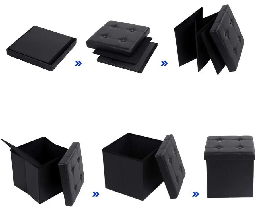 Összecsukható műbőr puff tárolóval, fekete, 38x38x38 cm