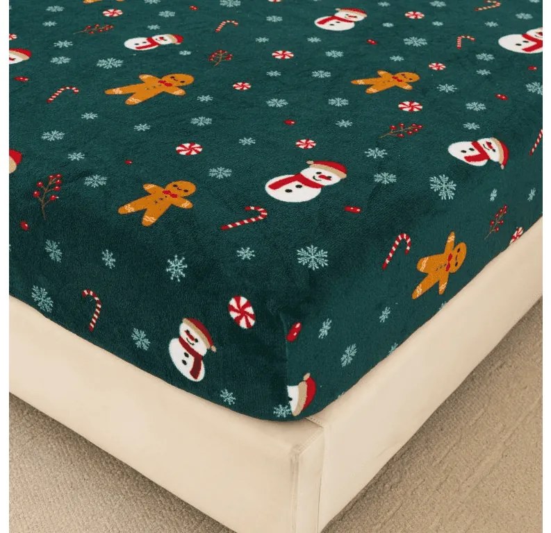 SNOWMAN AND GINGERBREAD 160x200 cm zöld mikroplüss lepedő