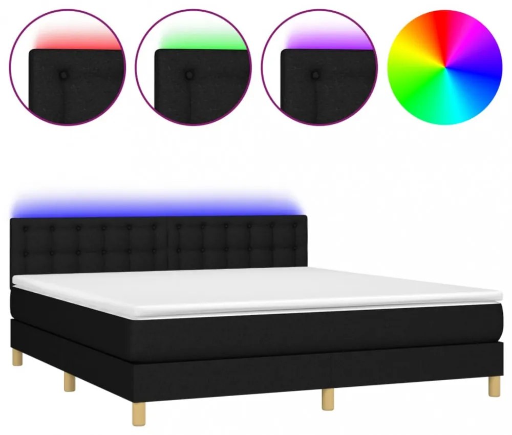 fekete szövet rugós és LED-es ágy matraccal 180 x 200 cm