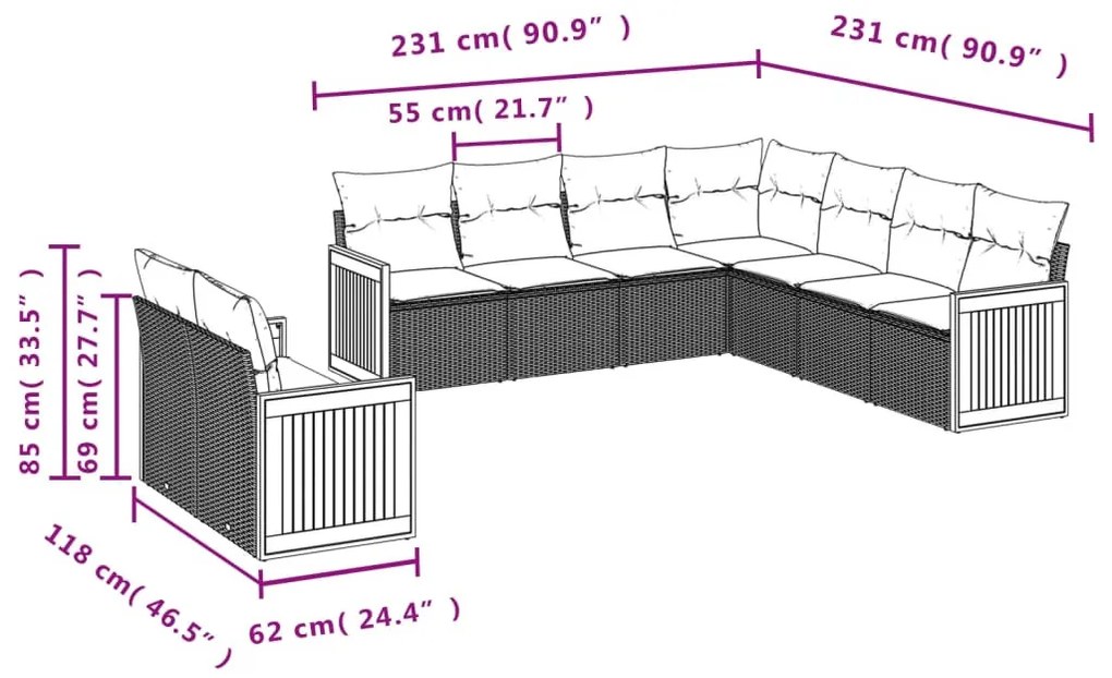 9 részes szürke polyrattan kerti ülőgarnitúra párnákkal